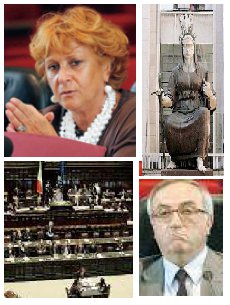 Nel frottage da sinistra ll&nbsp;procuratore aggiunto&nbsp;Ilda Boccassini, la Statua della Giustizia a Milano, l'aula del Parlamento ed il procuratore Capo di Milano Bruti Liberati 