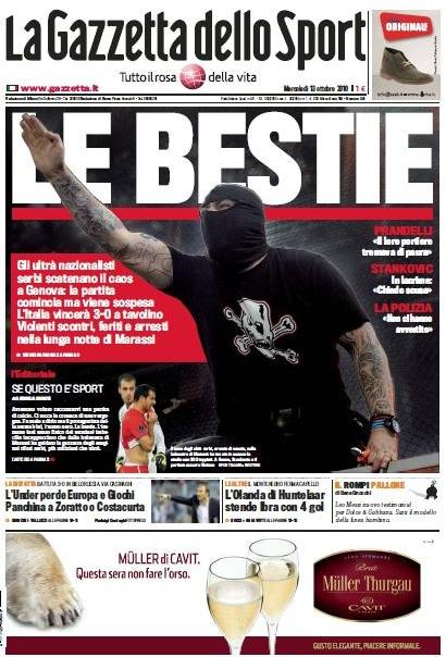 La prima pagina de La Gazzetta dello sport del 13 ottobre 2010